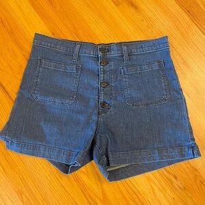 J. Crew Medium Blue Denim Patch Pocket Button Front High Rise Jean Shorts